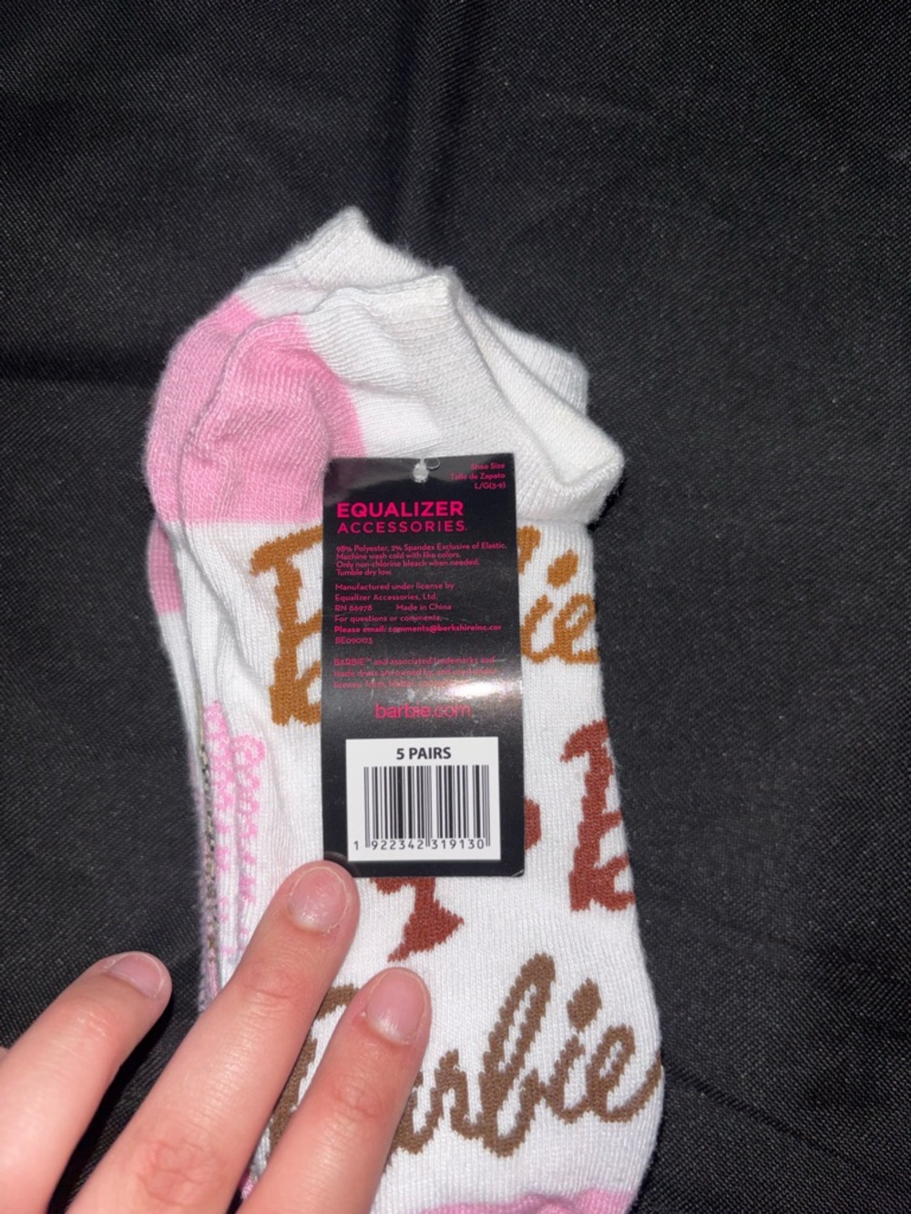 Barbie No-Show Socks in White, Pink & Brown Script - Picture 2 of 3